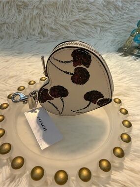 COACH Heart Bag Charm Mini Zip Coin Purse Cherry Prints CDB55
